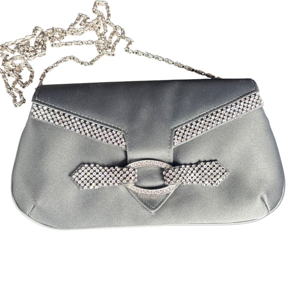 Kate Landry Clutch Bag Gray Satin Rhinestone Embellished Glam Formal Cocktail OS